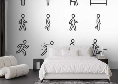 Person Movement, icon set. Figure in Various Poses. Standing, Sitting, Lying Down, Walking, Running, Sprinting, Riding a Bicycle, Climbing Stairs, Falling, Jumping, Lifting. Line with editable stroke Wall mural