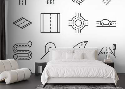 roads icons set. road forks icon. road sections of different shapes. line with editable stroke Wall mural