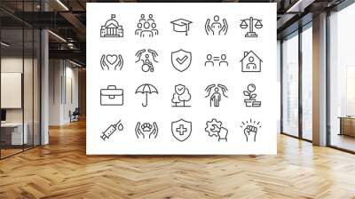 Social Policy, Icon Set. Quality of Life, Social Justice, and Equal Opportunities. Education, Healthcare, Safety, Disability Support, Legal Aid. Policy and Social Welfare. Line with editable stroke Wall mural