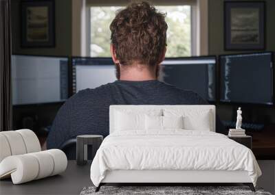 Man Sitting at Desk with Multiple Monitors Working on a Coding Project Wall mural