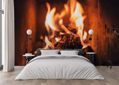 Burning logs and coal in fireplace. Warm  fire burning in dark furnace. Burning  pieces of wood in Fireplace with dark wall of fireplace. Wall mural