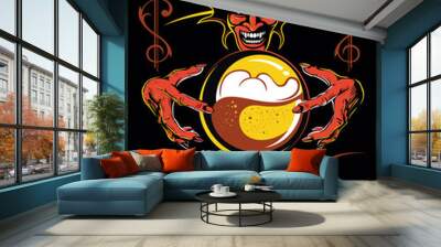 Cartoon, comic book style devil who brews beer in magic ball. Beer label concept. Wall mural