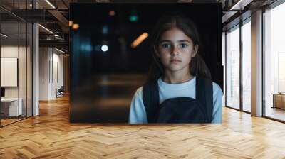 Caucasian girl with a backpack in a dimly lit urban setting, serious expression, after-school atmosphere Wall mural