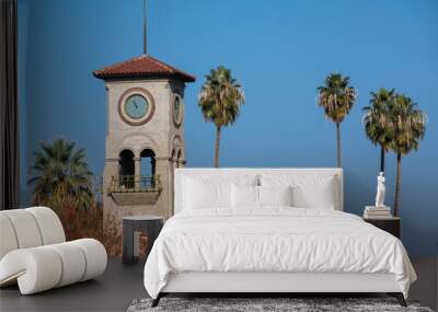 Daytime view of a historic public clock tower in downtown Bakersfield, California, USA. Wall mural