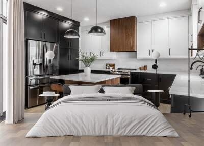 Midcentury modern kitchen with black and white cabinets, matte black fixtures, white quartz countertops and backsplash and walnut wood furniture interior design Wall mural