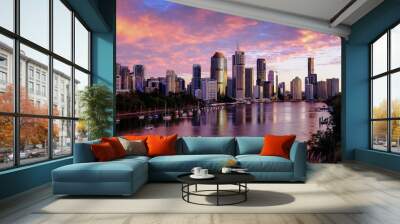 View of Brisbane city and Brisbane River early in the morning with pink clouds Wall mural