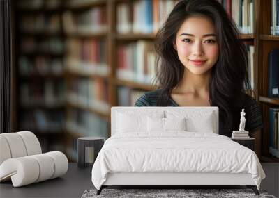 Portrait of a young Asian woman smiling in a library Wall mural