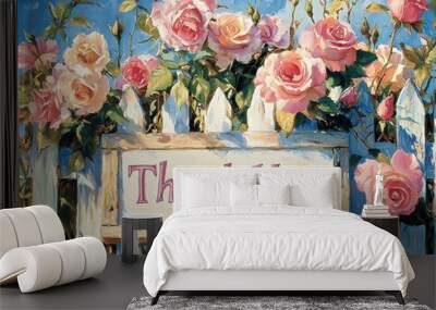 Thank you sign with pink roses on a white picket fence under blue sky Wall mural