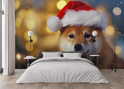 A Festive Pup in a Santa Hat Poses in Front of a Sparkling Christmas Tree Wall mural