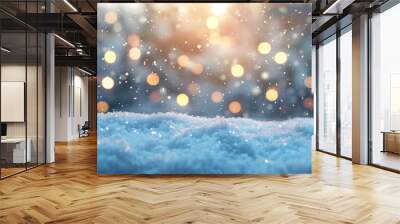 A snowy winter setting with soft focus bokeh lights in the background, creating a festive and wintery ambiance.  Wall mural