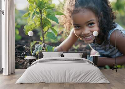 A Young Girl Planting a Seed in the Garden Wall mural