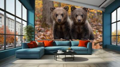 Fall Forest: 2 Bear Cubs Exploring Woods Wall mural