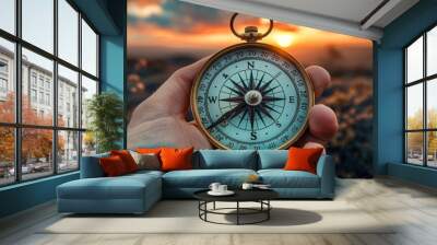 Hand Holding Compass Against Sunset Sky Wall mural