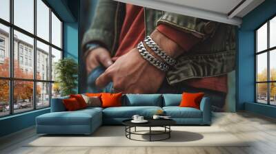 Man Wearing Leather Jacket and Silver Bracelet Wall mural