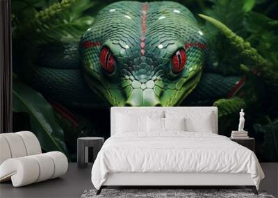 Photo of a close-up of a vibrant green snake with piercing red eyes created with Generative AI technology Wall mural