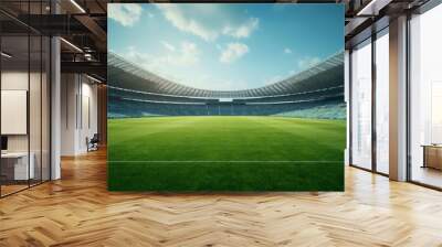 Photo of an empty soccer stadium with a vibrant green field Wall mural