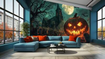 Pumpkin Zombie Emerges from Graveyard Under Full Moon in Spooky Halloween Night Scene Wall mural