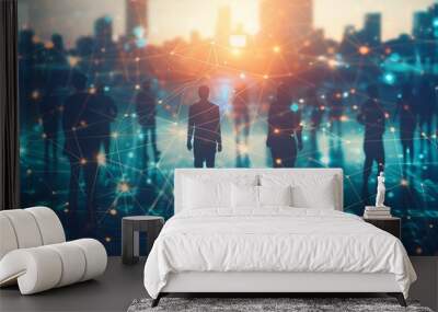 Silhouettes of people walking in a city at dusk, connected by digital network lines Wall mural