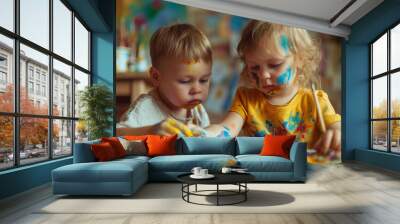 Two Young Children Playing With Paints Wall mural