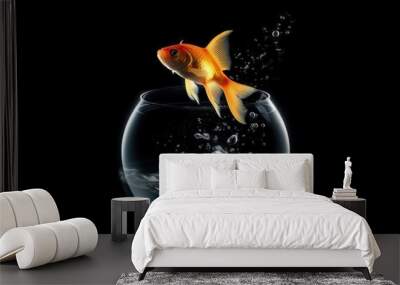 Escapist Goldfish jumping out of the aquarium with water splash on black background, isolated on black. generative AI Wall mural