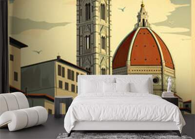 Florence Cathedral, Florence, Italy. torism poster illustration in retro style, Generative AI Wall mural