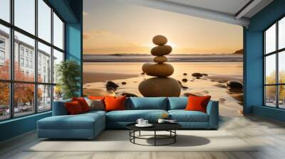 stack of zen stones on the beach, sunset and ocean in the background Wall mural