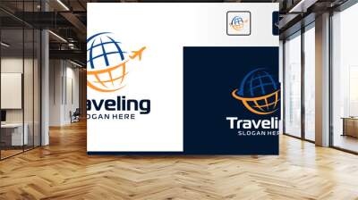 Travel Logo Design. Abstract globe with airplane logo design graphic symbol icon vector Wall mural