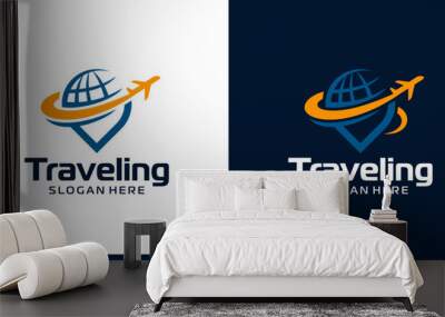 Traveling Logo design. Pinpoint location logo with globe abstract and plane logo design graphic symbol icon vector Wall mural