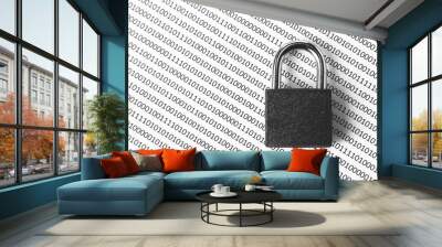  a black and white concept image that can be used to represent cyber security or the protection of software code. This image has selective focusing on the padlock Wall mural