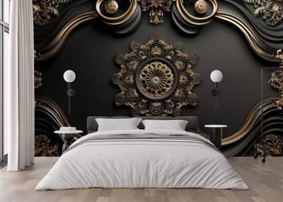 3d wallpaper for ceiling with black and golden mandala decoration model and decorative frame background Wall mural