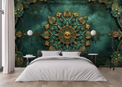 A 3D wallpaper for the ceiling showcasing a green and golden mandala decoration model set against a decorative frame background. Wall mural