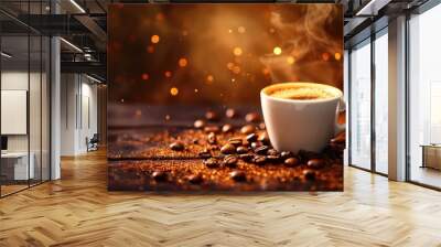 A background featuring a cup of ready-to-drink coffee adorned with coffee beans Wall mural