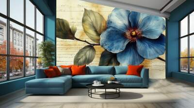 A beautifully illustrated blue flower against a textured background with faded text, evoking elegance and artistry. Wall mural