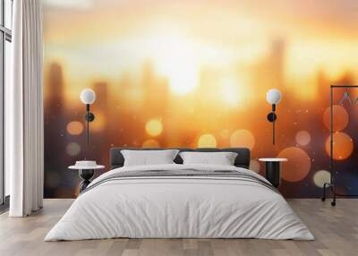 A blurred sunset view over a city skyline, creating a warm, dreamy atmosphere with glowing bokeh effects. Wall mural