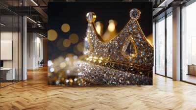 A close-up of a sparkling crown adorned with jewels, highlighting luxury and elegance against a blurred background. Wall mural