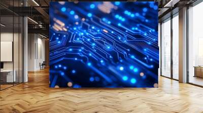 A close-up view of a blue circuit board with glowing connections, illustrating technology and electronics. Wall mural