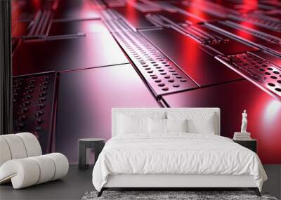 A close-up view of metallic panels with a reflective surface and red lighting effects. Wall mural