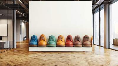 A colorful array of shoes displayed in a row, showcasing various shades and styles for fashion or retail purposes. Wall mural