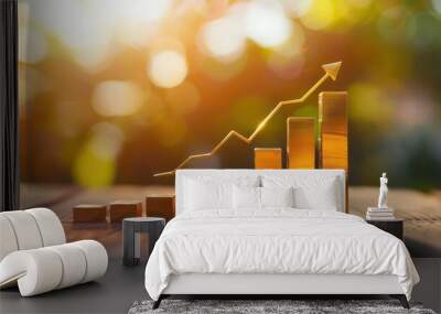 A conceptual image showing golden bars on a wooden table with a golden rising arrow indicating financial growth and investment success Wall mural