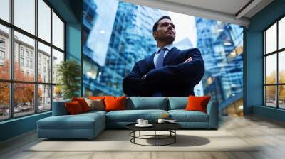 A confident businessman stands in a modern urban environment, exuding professionalism and determination. Wall mural