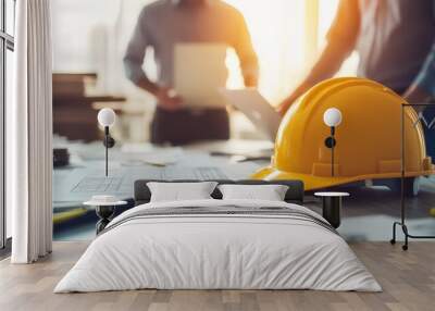 A construction site workspace with a yellow hard hat on documents, suggesting planning and collaboration in a business setting. Wall mural