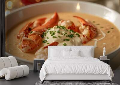 A creamy lobster bisque garnished with lobster claws and chives in an elegant bowl, perfect for a gourmet meal. Wall mural