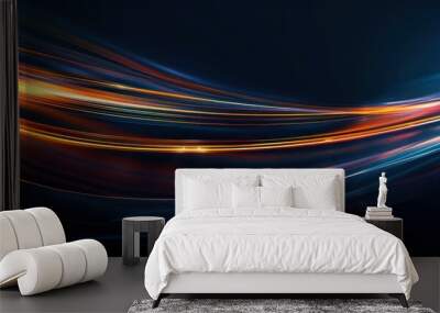 A dark backdrop sets the stage for this neon glowing abstract background, which includes blurred streaks of navy blue curved lines and light flare motion.
 Wall mural