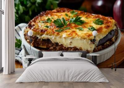 A delicious baked dish featuring layers of eggplant, ground meat, and creamy sauce, garnished with parsley. Wall mural