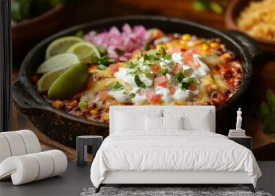 A delicious dish featuring melted cheese, beans, corn, and fresh toppings served in a sizzling skillet. Wall mural