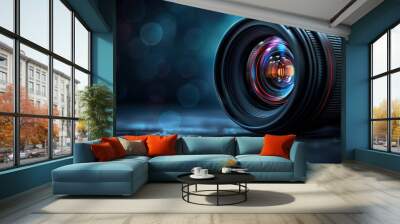 A detailed close-up of a camera lens with vibrant light reflections and bokeh effects, highlighting the precision and beauty of photography equipment Wall mural