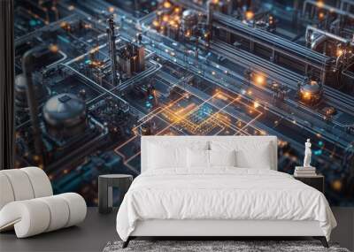 A detailed view of a futuristic industrial circuit board with glowing elements, representing advanced technology. Wall mural