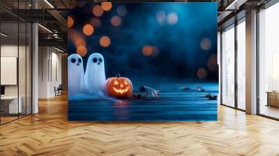 A festive Halloween scene featuring two ghost decorations and carved pumpkins, surrounded by soft lighting and autumn leaves. Wall mural