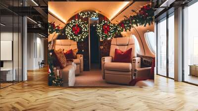 A festive private jet interior adorned with holiday decorations, creating a cozy and luxurious atmosphere. Wall mural