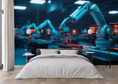 A futuristic industrial scene featuring robotic arms assembling components in a high-tech environment. Wall mural